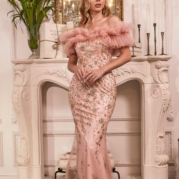 ROSE GOLD PROM PARTY EVENING GATHERED TULLE OFF THE SHOULDER FITTED GOWN cd818